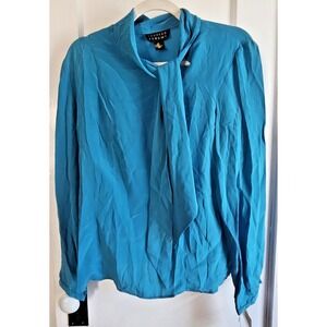 NWT SPENSER JEREMY size 6 100%‎ silk blue neck tie blouse Vintage